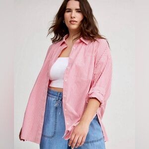 Torrid Cotton Pink and White Striped Button-Up Drop Shoulder Shirt - 1X - NWT!